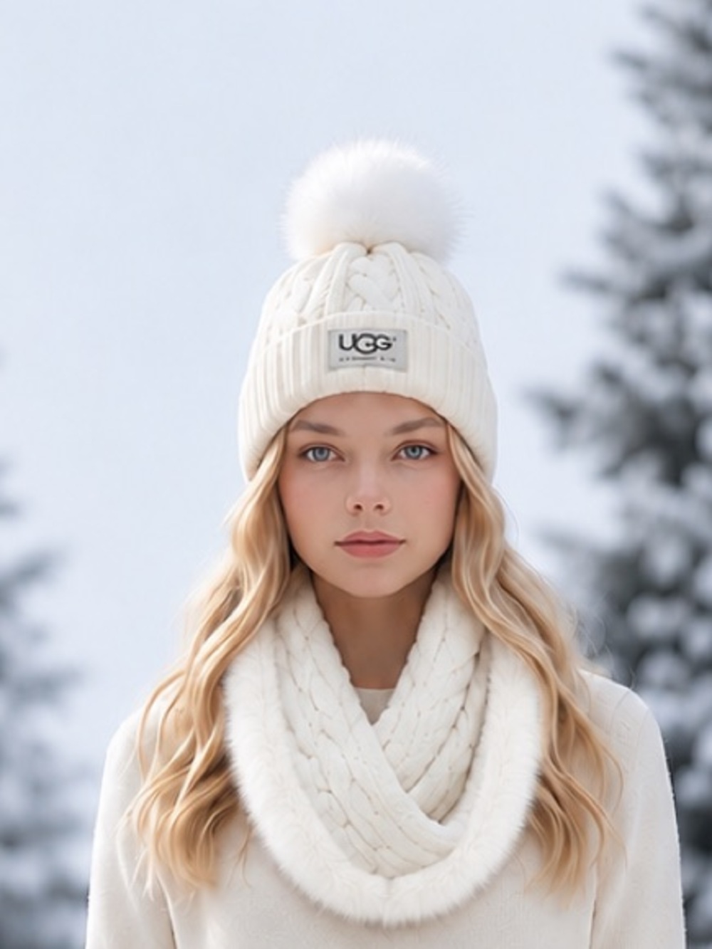 Ugg Australia NWT White Cable Knit  Beanie Faux Fur Infinity Scarf Set